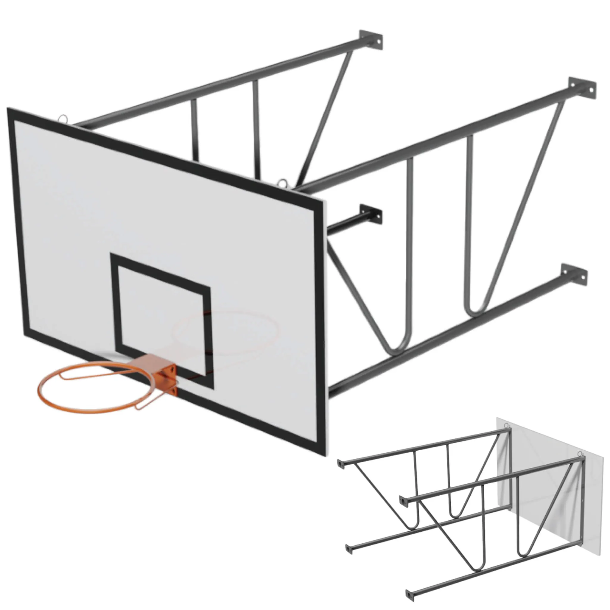 Basketball overheng med værfast glassfiberplate, kurv og nett
