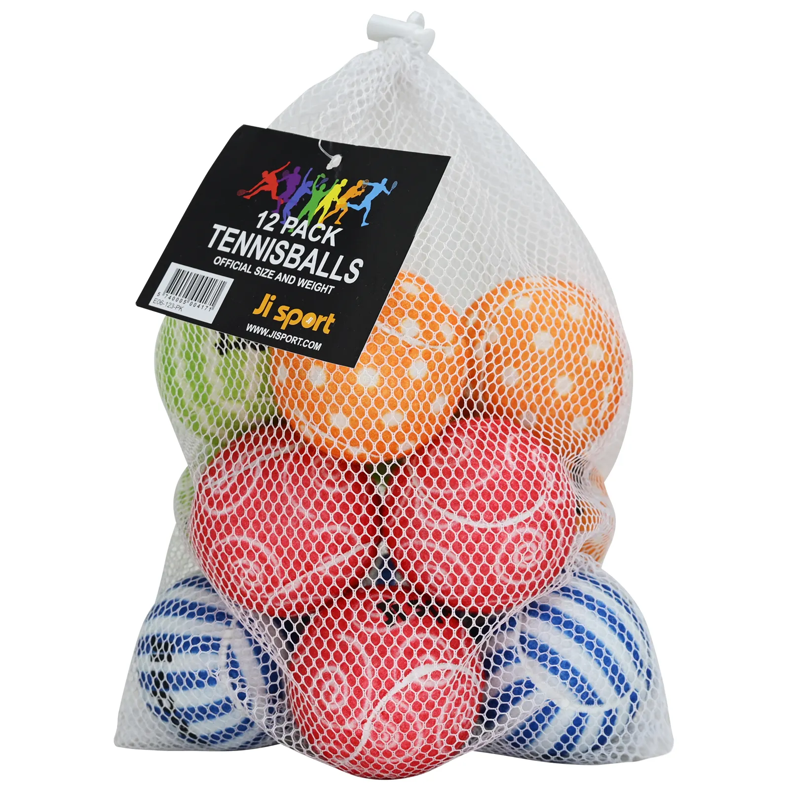 Tennispalloja kuvioilla. 12 kpl verkkopussissa