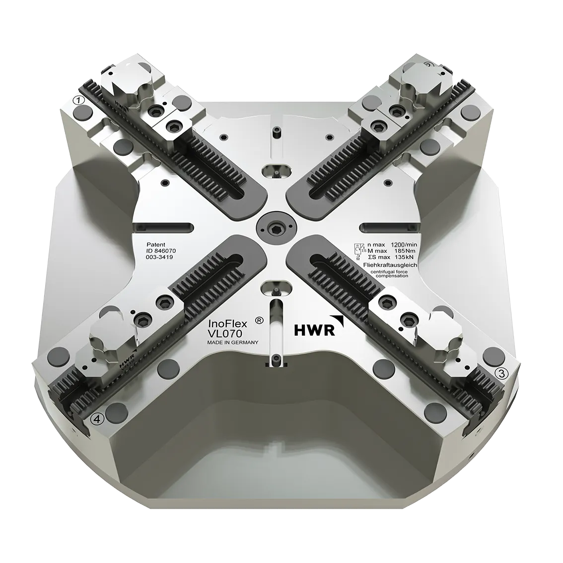 VL042, weight optimized INOFlex® 4-jaw manual compensating chuck