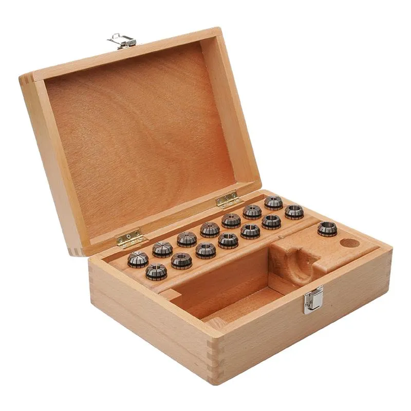 Collet sets 415E (OZ16: 15 parts) in wooden boxes DIN 6388 (ISO 10897) Consisting of : Wooden Box 701.16  - and Collets: - Ø 2-3-4-5-6-7-8-9-10-11-12-